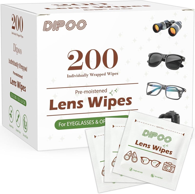 Dipoo 200 Count Lens Wipes for Eyeglasses, Eye Glasses Cleaner Wipes Pre-moistened Individually Wrapped Sracth-Free Streak-Free Eyeglasses Cleaning for Sunglass, Camera Lens, Goggles - Image 1